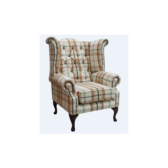 Chesterfield Queen Anne Wing Chair High Back Armchair Piazza Square Check Mulberry Fabric