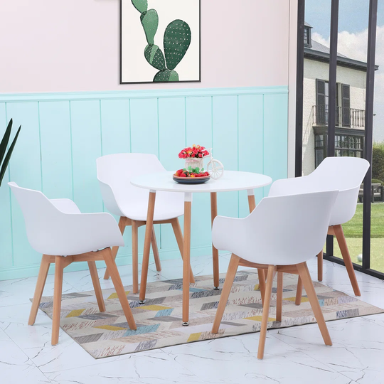 4 Leg Round Dining Table With 4 Armchairs, White