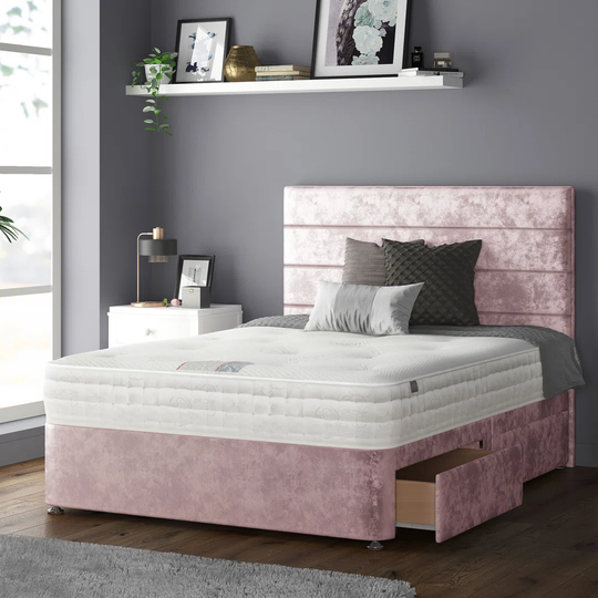 Kiara Stripped Floor Standing Headboard With Divan Base 2 Drawers On Right Crush Velvet Denim With And Metal Feet (Single)