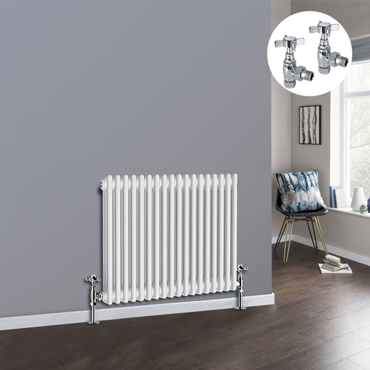 White 3 Column Traditional Cast Iron Style Radiator with Chrome Angled Cross Head Manual Valves Horizontal 600x832mm