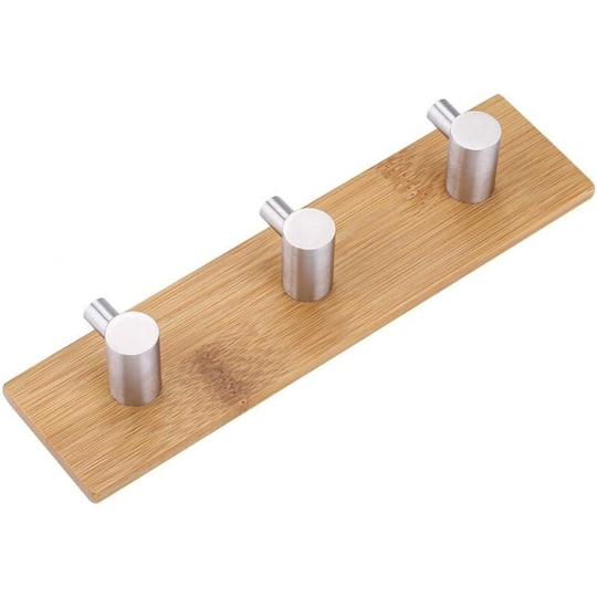 Adhesive Hooks Natural Bamboo Stainless Steel Wall Hanger Hook Keychain Towel Holder Kitchen Bathroom (Three Hook)