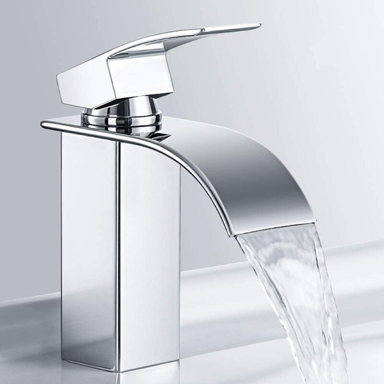 Waterfall Bathroom Faucet, MEHOOM Basin Mixer Tap Stainless Steel Faucets, Rectangular Flattened Spout Bathroom Faucet, Cold & Hot Water Available,