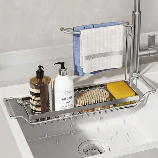 Kitchen Sink Storage Rack, Kitchen Sink Storage Rack for Sponges, Cloths, Brushes, Dishwashing Liquid, Stainless Steel Telescopic Storage Rack