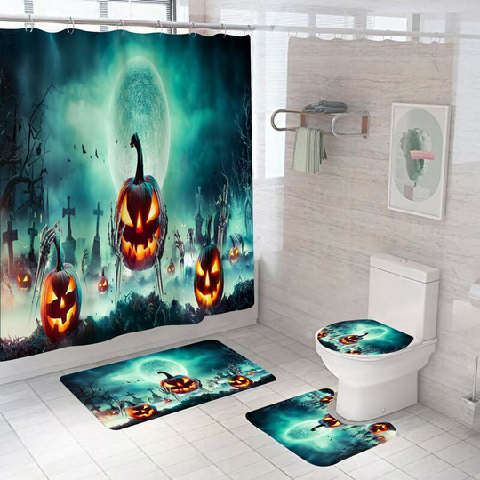 Halloween Horror Graveyard Shower Curtain Sets, Generic Halloween Bathroom Decor Set 71 inch x 71 inch - Shower Curtain with Mat, Toilet Lid Cover,