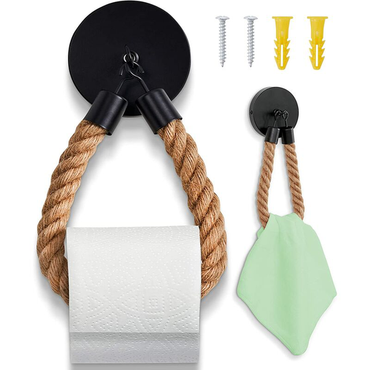 Wall-Mounted Toilet Paper Holder with Drilling - Black Toilet Paper Holder - Industrial Style Deco Toilet with Jute Rope - Wooden Toilet Paper Holder
