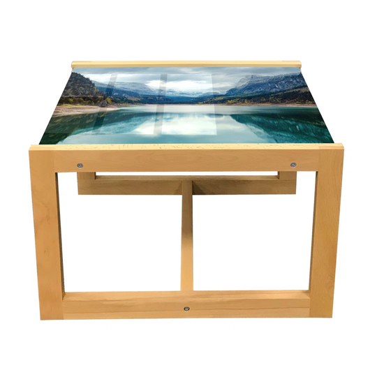 Landscape Coffee Table, Alpine Lake With Dramatic Sky Forest And Mountains Journey Art, Acrylic Glass Center Table With Wooden Frame For Offices Dorms