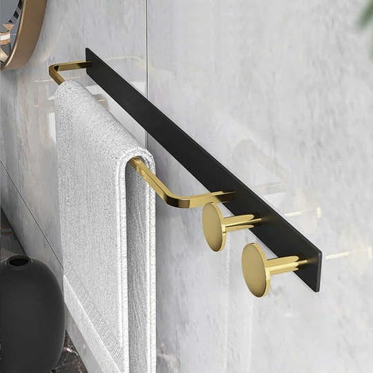 Towel Rack with 2 Hooks No Drilling Black Aluminum Adhesive Bath Towel Rack Self Adhesive Towel Holder for Bathroom and Kitchen