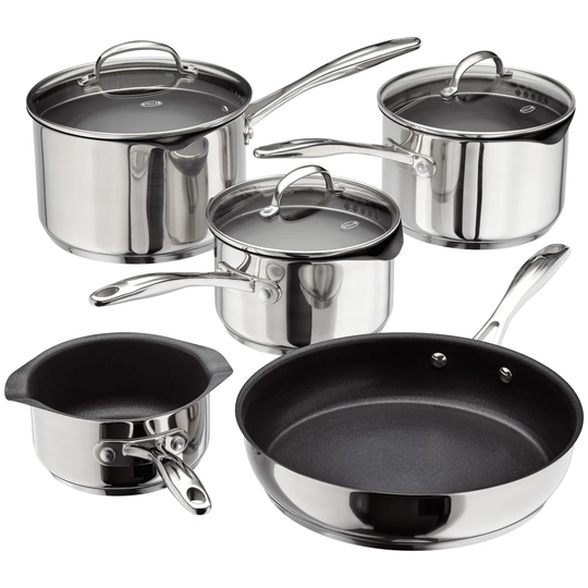 Stellar 7000 Set of 5 Stainless Steel Non-Stick Draining Saucepans, 14/16/18/20/24cm