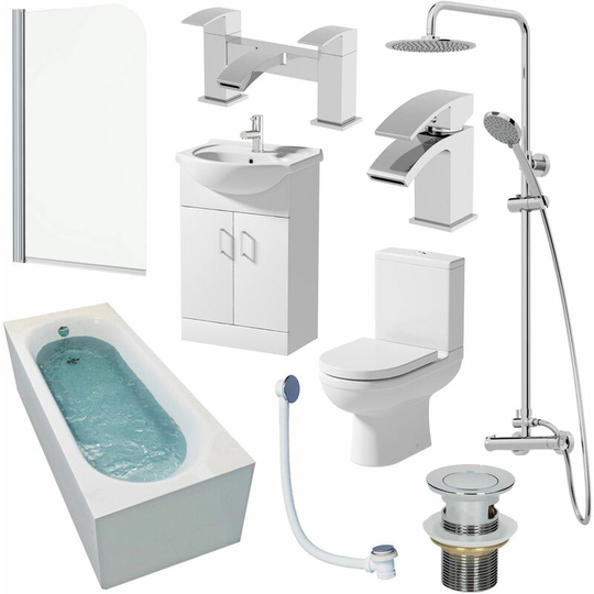 1700mm Single Ended Bathroom Suite Bath Shower Screen Toilet Vanity Basin Taps - White