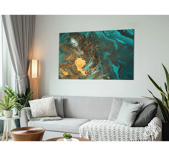 Turquoise And Teal Oil Flow - Unframed Painting on Metal