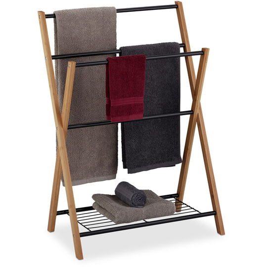 Freestanding Towel Rail, 4 Towel Rails, Bath Shelf, Metal, Bamboo, hwd 87 x 60.5 x 37.5 cm, Black/Natural - Relaxdays