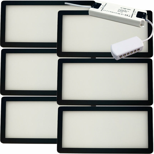 Loops - 6x matt black Ultra-Slim Rectangle Under Cabinet Kitchen Light & Driver Kit - Warm White Diffused led
