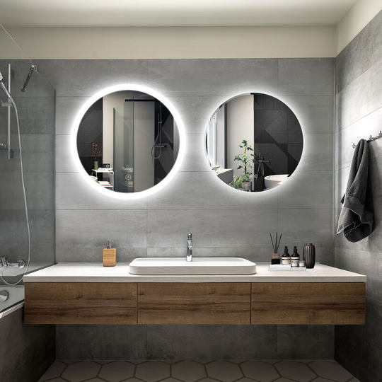 Bathroom led Mirror Modern Wall Mounted Round Bathroom Mirror 700x700mm Acrylic Frame + 600x600mm 3 Color Both with Demister Pad - Elegant