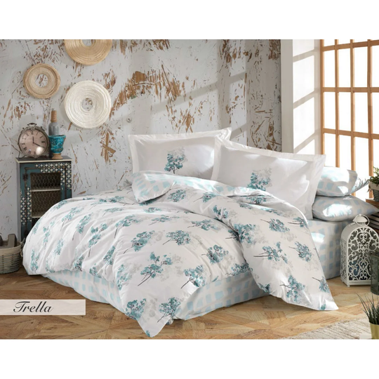 Crumley White/Blue Standard Cotton 152 TC 4 Piece Duvet Cover Set