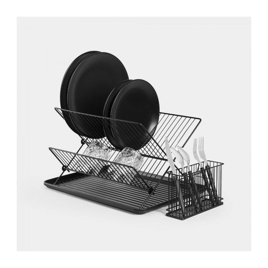 Dish Drainer Rack - Foldable Space Saving Design with Drip Tray and Cutlery Holder- Matt Black - Vonshef