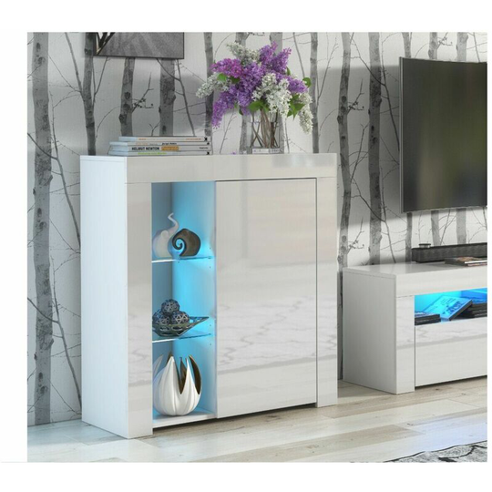 White Gloss Glass Display Cabinet Bookcase Shelving Unit Compact Smalll with Blue led Light Lily - White Gloss