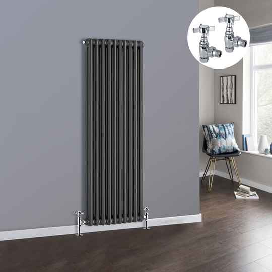 Anthracite 2 Column Traditional Cast Iron Style Radiator with Chrome Angled Cross Head Manual Valves Vertical 1500x470mm