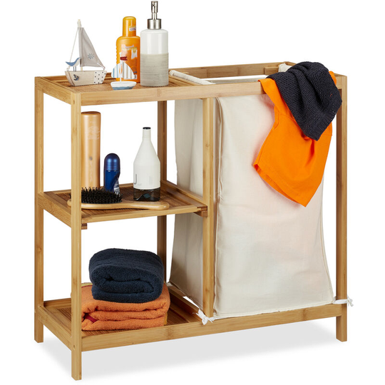 Relaxdays - Bathroom Shelf With Laundry Hamper, 3 Tiers, Removable Sack, Open Bamboo Shelving, HxWxD 65x68x33 cm, Natural