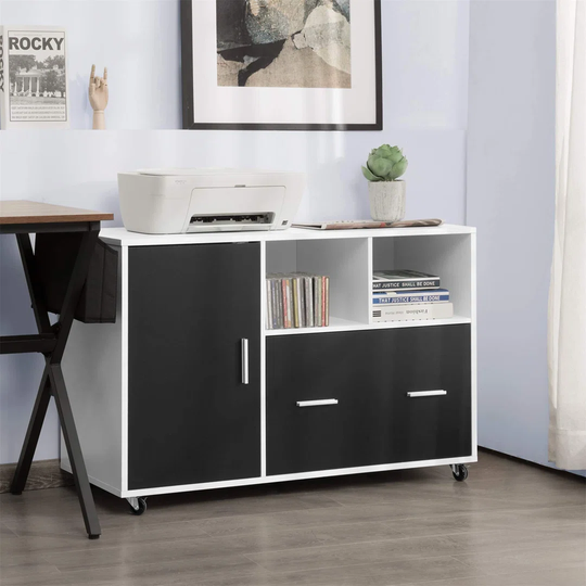 Mobile File Cabinet,Wooden Storage Cupboard With Open Shelves & 5 Universal Casters, Rolling Filing Sideboard Unit For Home Office (Black + White, 100