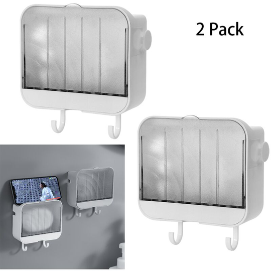 2 Pack Soap Dish, Soap Holder, Case for Shower, Bathroom, Kitchen, with No Drilling Wall Hook Self-Draining (White), Keeps Soap Bars Dry, Dust Cover,