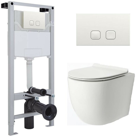 Milano - Overton - White Ceramic Modern Bathroom Wall Hung Rimless Toilet with Tall Wall Frame, Cistern and White Square Flush Plate