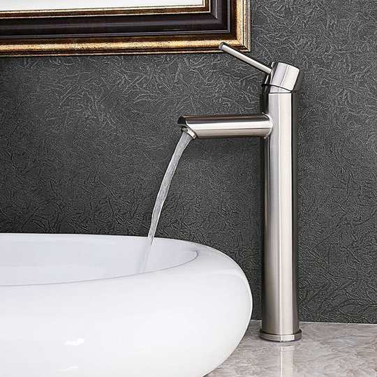 Sophisticated stainless steel and brushed nickel tall bathroom sink faucet
