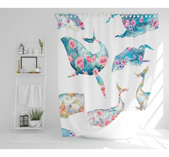 Whale With Flowers Designer Shower Curtain