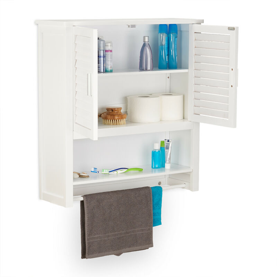 Lamell Bamboo Wall Cabinet, Hanging Cupboard, Towel Rail, Bathroom Storage Shelves, HxWxD: 66 x 62 x 20 cm, White - Relaxdays
