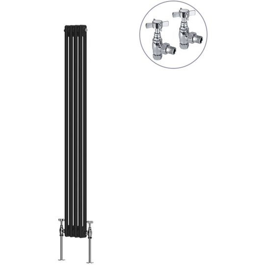 Black Traditional Cast Iron Style Radiator with Chrome Angled Cross Head Manual Valves Vertical 2 Column 1500x200mm
