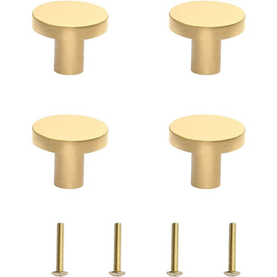 4 Pieces Gold Drawer Knobs with Matched Screw Bolts, Solid Brass Knobs for Cupboards Draws Cabinet Door, Round, 25 x 20