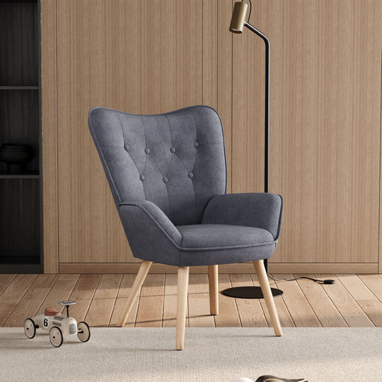 Grey Linen Buttoned Armchair with Wood Legs - Livingandhome