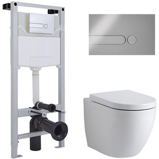 Milano - Irwell - Modern Bathroom Wall Hung Round Rimless Toilet wc with Tall Wall Frame Cistern and Dot Chrome Flush Plate