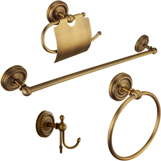 Perlerare - 4 Bathroom Accessories - Antique Brass - 40cm Towel Rack & Hook & Toilet Paper Holder & Towel Ring Holder