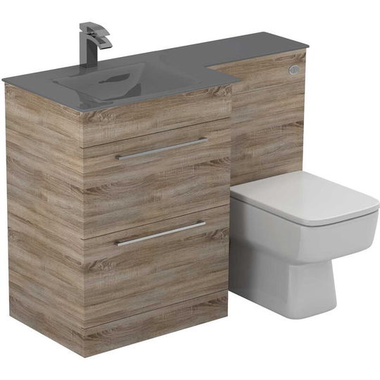Wholesale Domestic - Venice Square Grey Glass 1100mm Left Hand 2 Drawer Bordalino Oak Vanity Unit Toilet Suite - Bordalino Oak