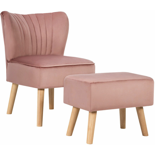 Costway - Velvet Accent Chair, Armless Side Dining Chair with Ottoman, Fabric Upholstered Padded Occasional Wingback Leisure Chair for Dressing,