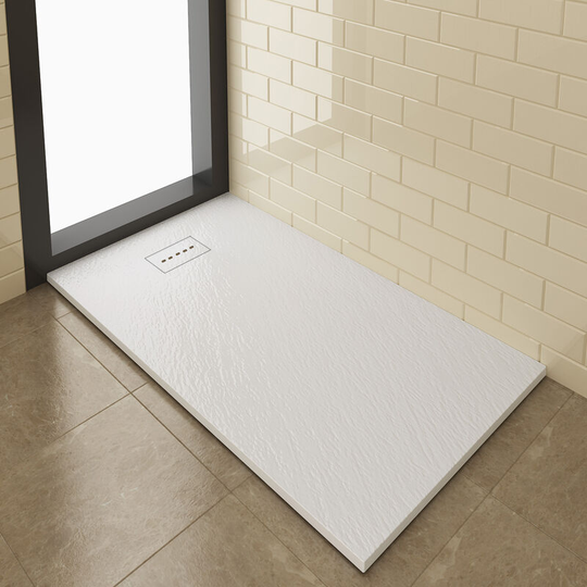 Shower Tray 1400x800mm White Slate Effect Square Shower Enclosure Base with Waste Trap and Drain Cover - Elegant