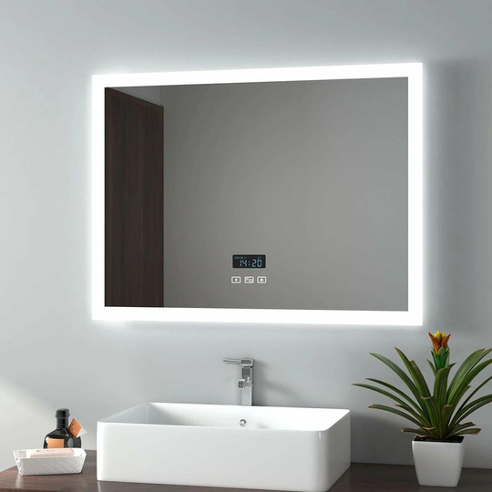 EMKE Bathroom LED Mirror 600 x 800 mm, Illuminated Wall-Mounted Bathroom Backlight Mirror with Demister Pad, Touch Switch, Bluetooth Speaker, Shaver