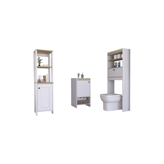 Set Malaga, Bathroom Furniture Column 1 Door + Floor Standing Bathroom Cabinet With Sink + Bathroom Shelf Over Toilet