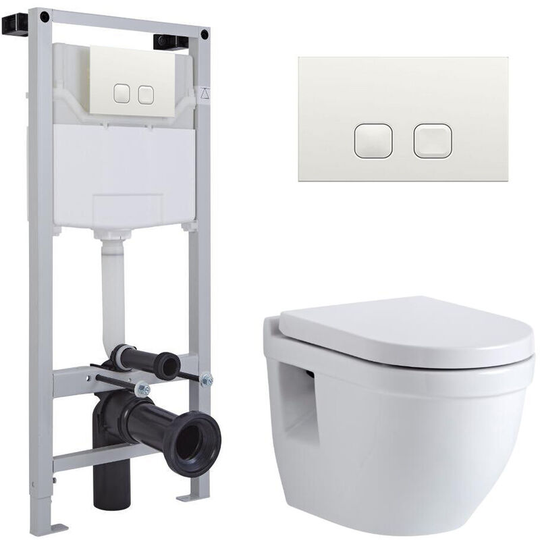 Milano - Newby - White Ceramic Modern Bathroom Wall Hung Round Toilet wc with Tall Wall Frame, Dual Flush Cistern, Soft Close Seat and Square White