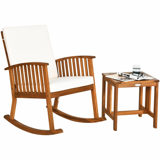 Rocking Chair with Table, Acacia Wood Patio Bistro Set, Outdoor Cushioned Relax Rocker Armchair for Garden, Porch and Poolside - Costway