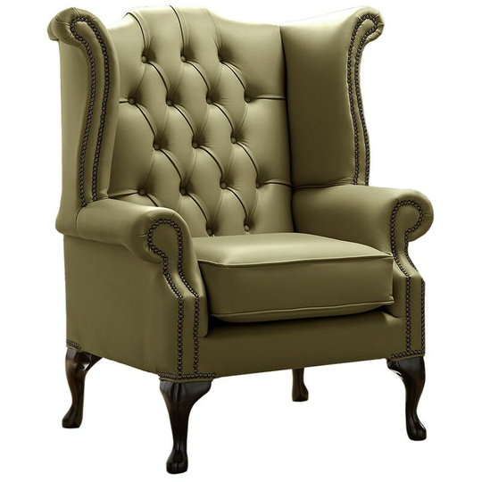 Chesterfield Queen Anne High Back Wing Chair Shelly Sage Leather