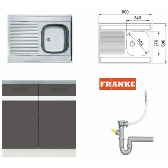 Impact Furniture - 800 Kitchen Sink Unit Base Cupboard 80cm Cabinet with Single Bowl Franke Steel Sink Junona - Grey / White