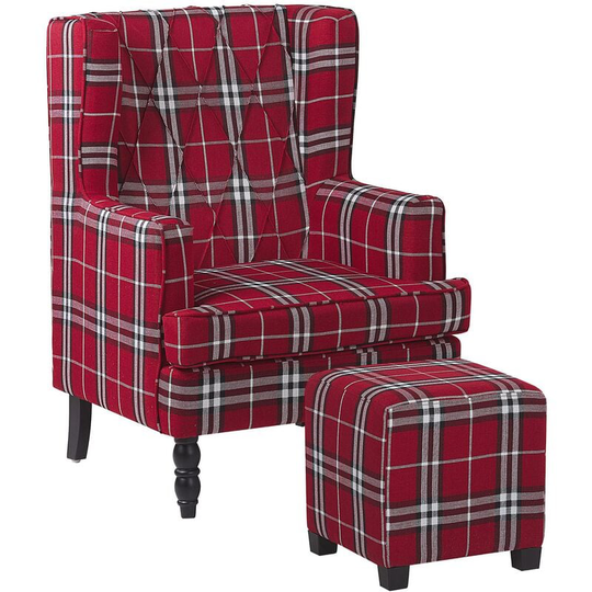 Beliani - Classic Armchair Footstool Chequered Pattern Wooden Legs Red and Black Sandset - Red