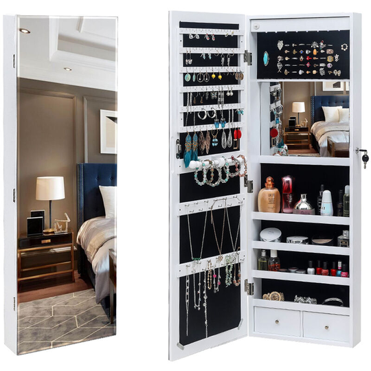 Famiholld - Full Mirror Wooden Wall Mounted 4-Layer Shelf 2 Drawers With Inner Mirror 8 Blue led Light Jewelry Storage Mirror Cabinet - White