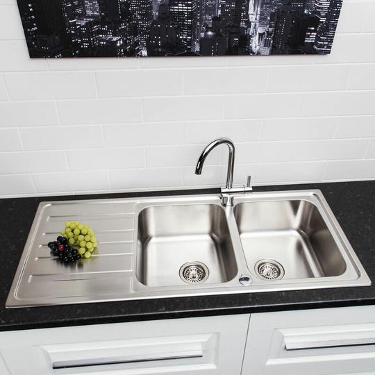 Sauber - S�uber Prima Kitchen Sink 2.0 Double Bowl Stainless Steel Reversible Inset Waste - Silver