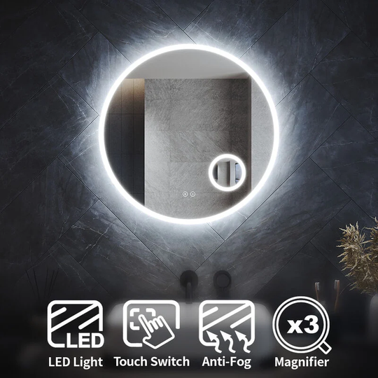 Elegant - Modern led Bathroom Mirror Round with Sensor Touch Switch, Demester Pad, 3X Magnification Smart Illuminated Bathroom Round Mirror 600 x 600