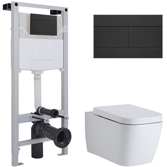 Milano - Longton - White Ceramic Modern Bathroom Wall Hung Square Toilet wc with Tall Wall Frame, Dual Flush Cistern, Soft Close Seat and Black Flush