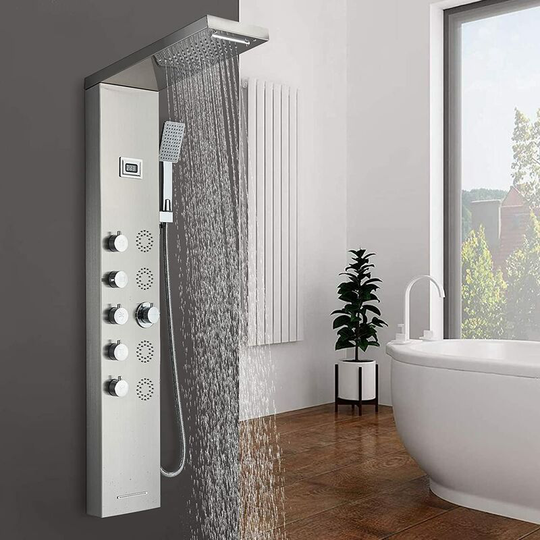 Shower Panel Tower with 6 Functions Rainfall and Waterfall Shower Temperature Display Hand Shower Back Massage Jets and Bathtub Spout Wall Mounted