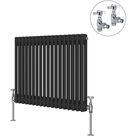 Black Traditional Cast Iron Style Radiator with Chrome Angled Cross Head Manual Valves Horizontal 2 Column 600x830mm