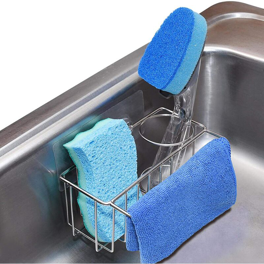 Adhesive Stainless Steel Sponge Holder ,Brush Holder , Dish Cloth Hanger, 3-in-1 Kitchen Sink Caddy, Rust Proof Water Proof, No Drilling